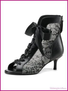 Womens Mesh Lace Open Toe Ankle Booties Kitten Heels Wedding Shoes Lace Up